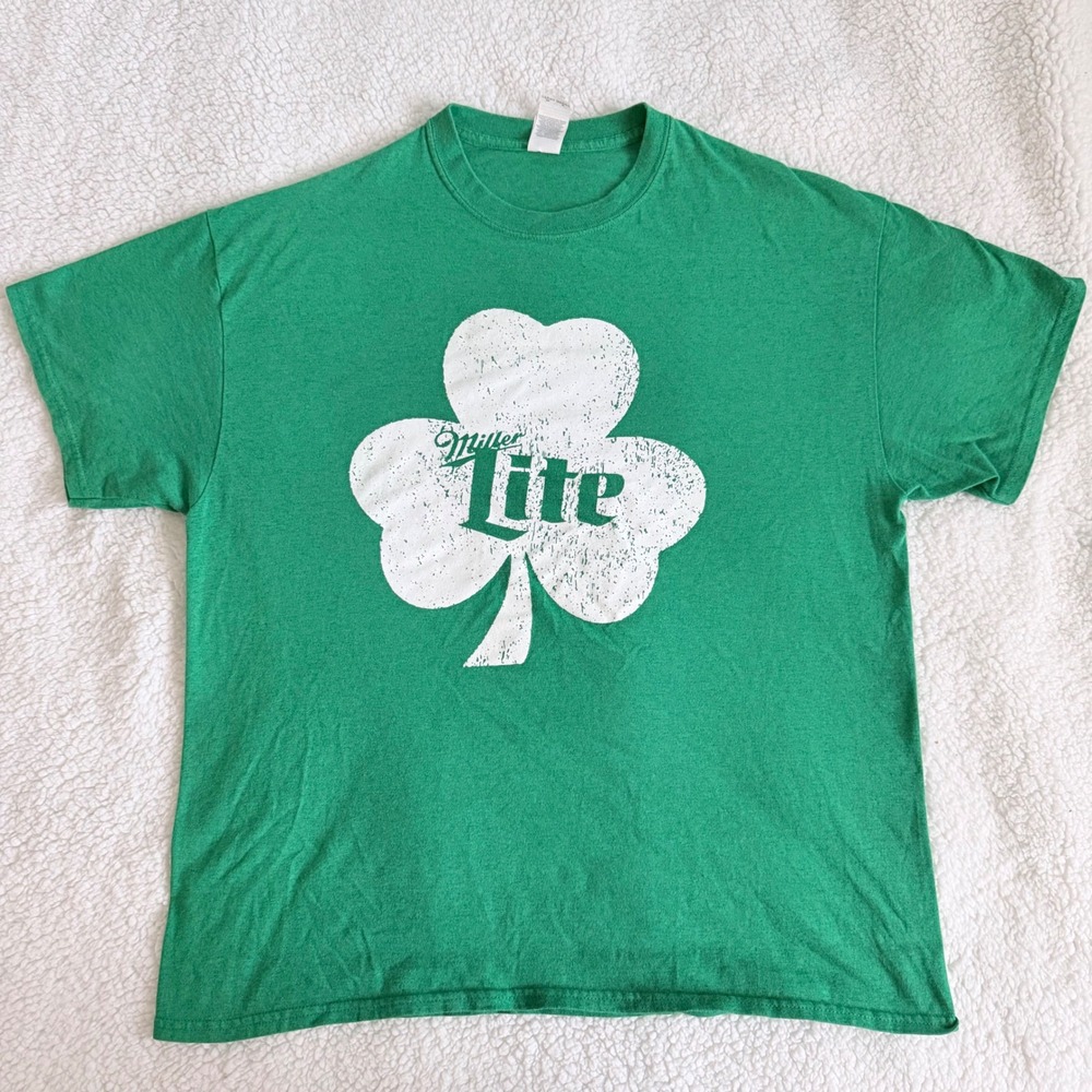 Miller Lite St Patrick's Day Shirt XL Green Shamrock‎ Beer Promo Tee Gildan